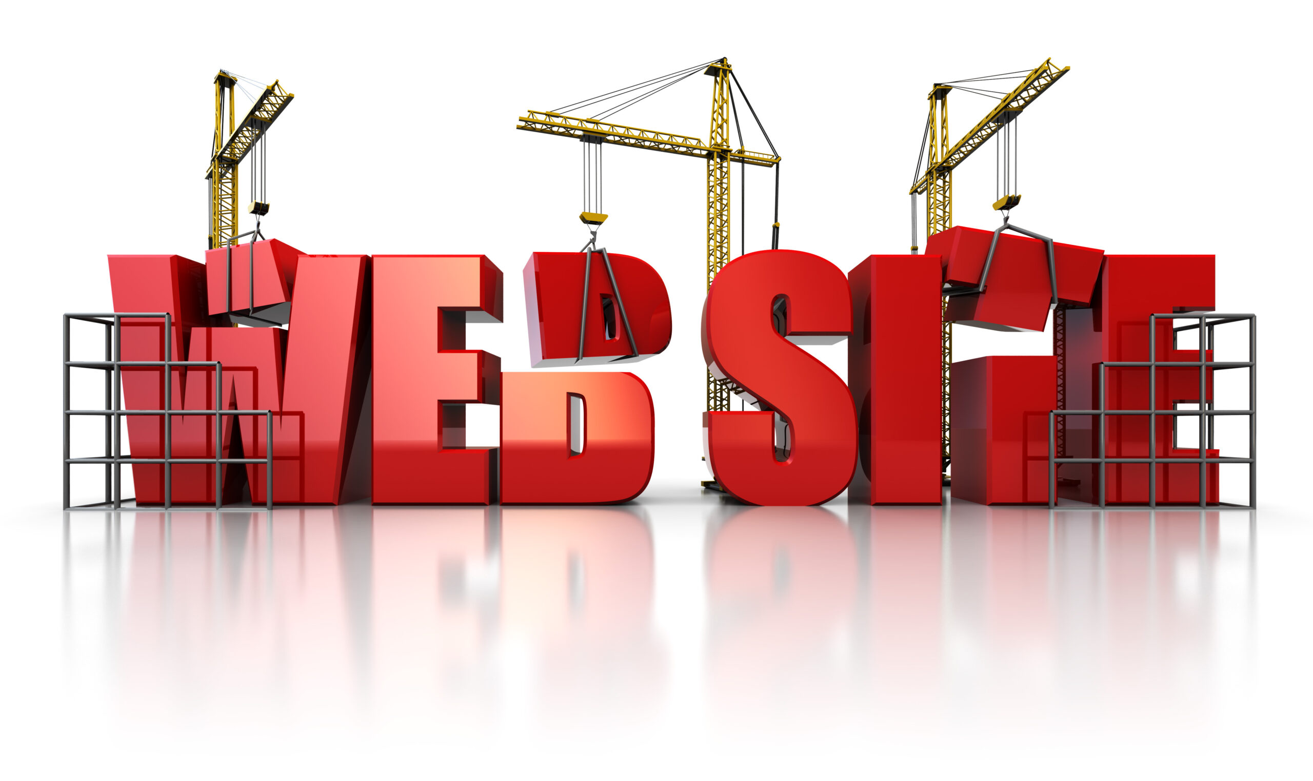 3d illustration of three cranes building text 'web site' over white background